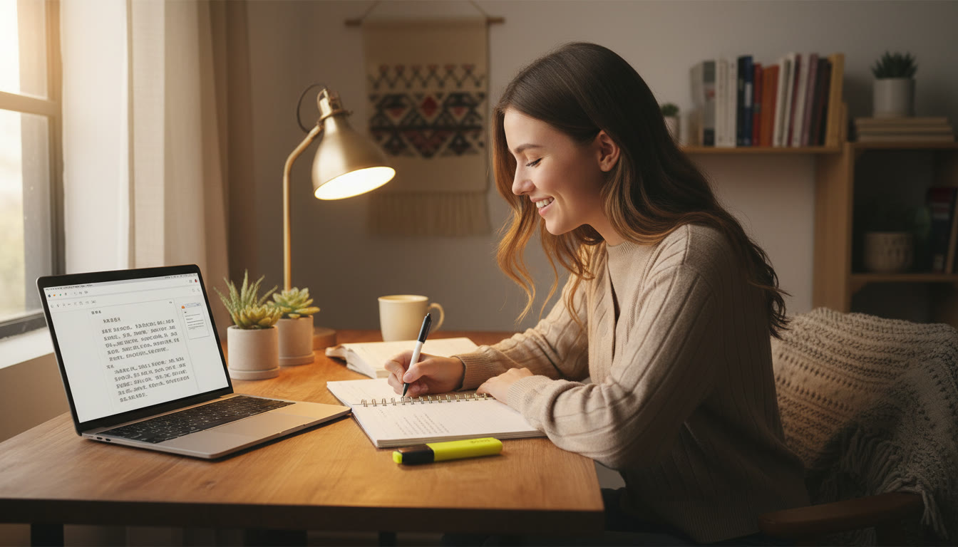 Photo Idea : A student writing at a wooden desk with a notebook, a laptop open to a Chinese essay draft, and a highlighter. The photo should convey focus and a warm, approachable study environment.
