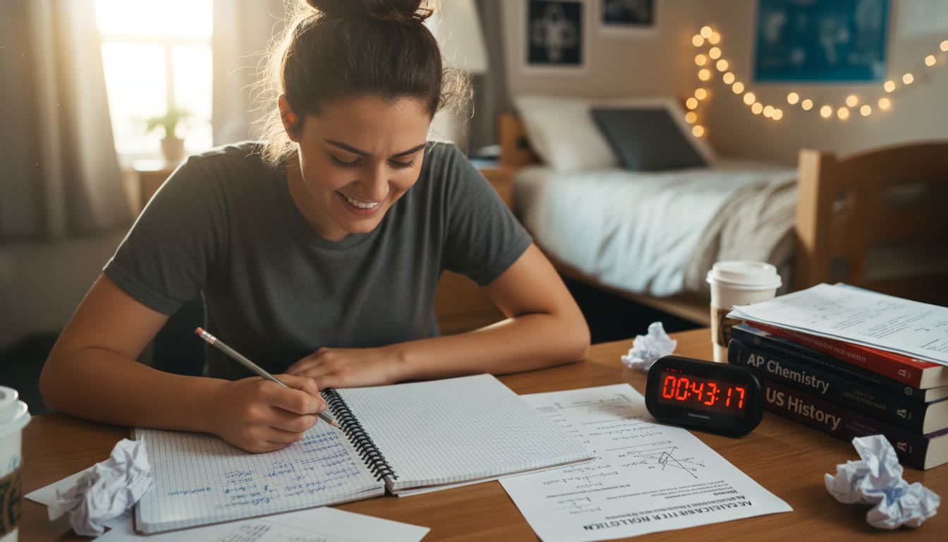 Photo Idea : A student mid-practice with a visible notebook showing a filled note grid, a printed AP-style prompt beside it, and a stopwatch counting down—conveys focused exam prep energy.