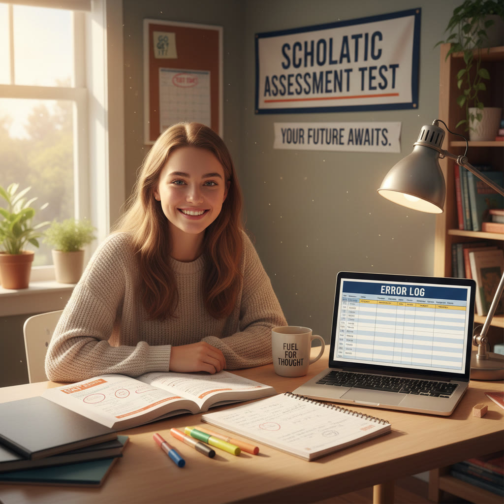 Student at a desk with an open SAT practice book, notebook, and a laptop showing an error log; warm, focused lighting to convey concentration and calm.