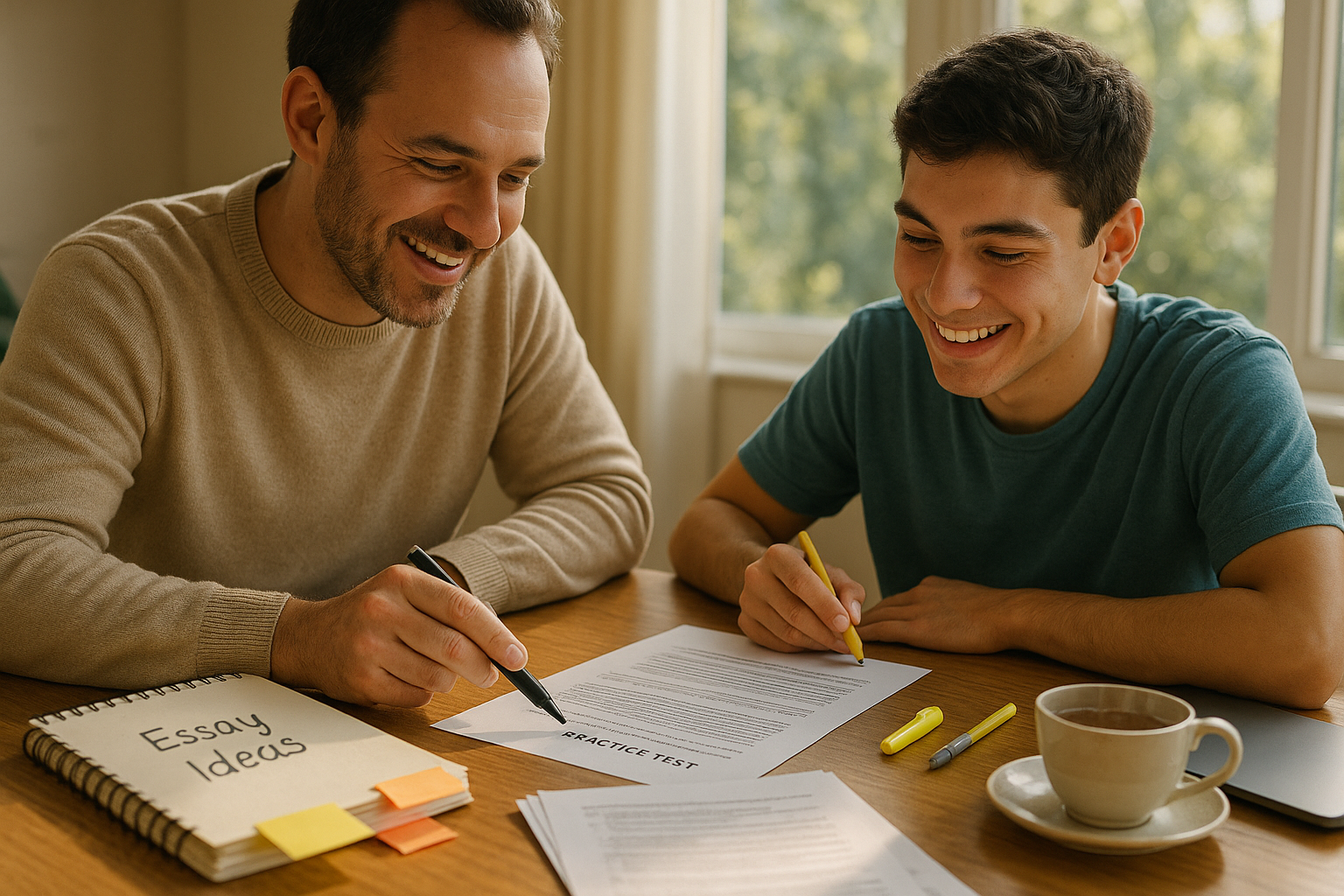 Photo Idea : A tutor and student reviewing a practice test and a notebook labeled “Essay Ideas,” both smiling, sunlight on sticky notes and a cup of tea—conveys collaboration and calm revision.