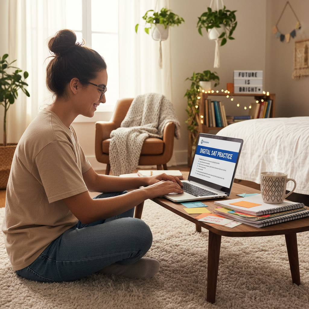 Photo Idea : A confident student studying a laptop in a cozy bedroom, coffee mug and notes nearby, Digital SAT practice on screen