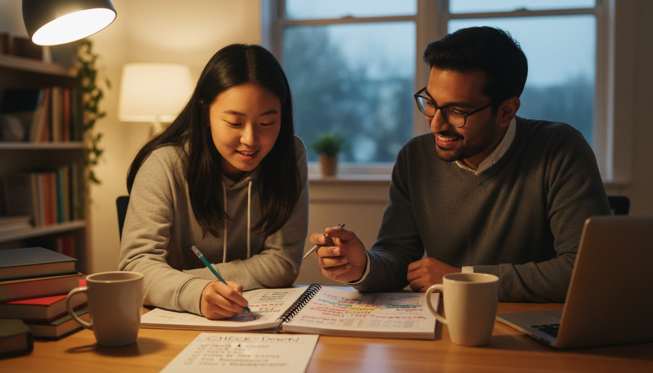 Photo Idea : A cozy study scene later in the article showing a student and a tutor reviewing a practice test with colorful annotations and a small checklist titled 