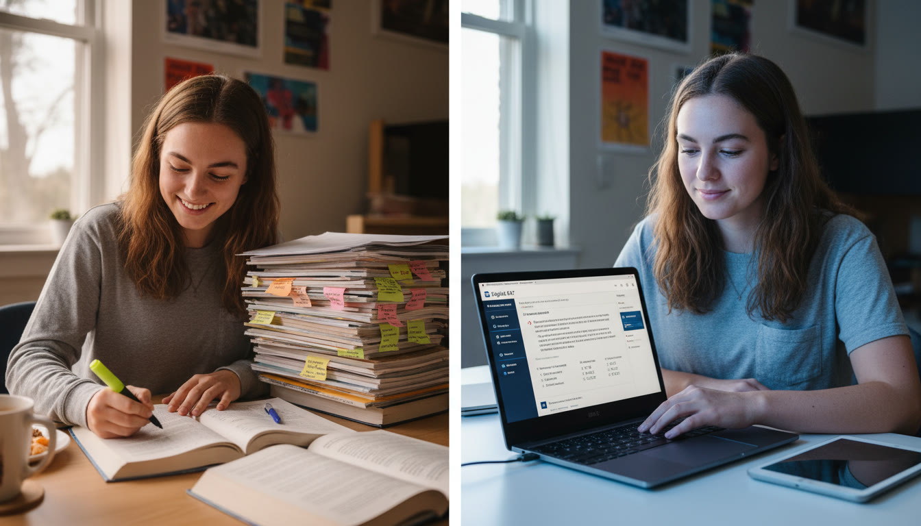 Photo Idea : A split-frame photo showing a student calmly annotating a thick stack of AP-style passages on one side and the same student focused on a laptop with the Digital SAT interface on the other visualizing the contrast between sustained, multi-source reading and modular adaptive testing.