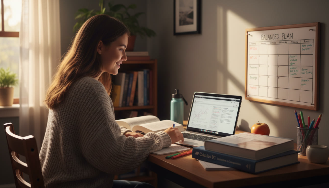 Photo Idea : A high school student at a desk late afternoon with open textbooks and a laptop, calendar pinned nearby showing a balanced weekly study plan—light warm tones to evoke calm focus.