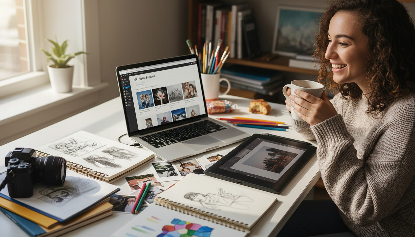 Photo Idea : A well-lit student workspace with sketchbooks, a camera, and a digital tablet arranged around a laptop showing the AP Digital Portfolio interface — conveys the hybrid physical-digital process of preparing an AP portfolio.