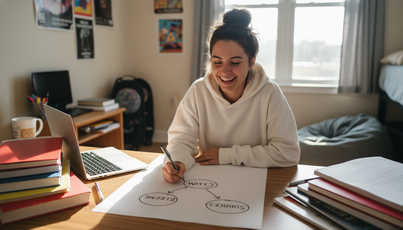 Photo Idea : A student at a desk surrounded by notebooks and a laptop, sketching a research plan on paper — arrows connecting claim, evidence, and sources.