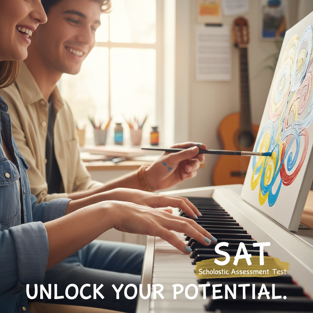 Photo Idea : A close-up of hands—one playing a piano keyboard and another painting on a canvas—capturing the tactile, human side of arts training.