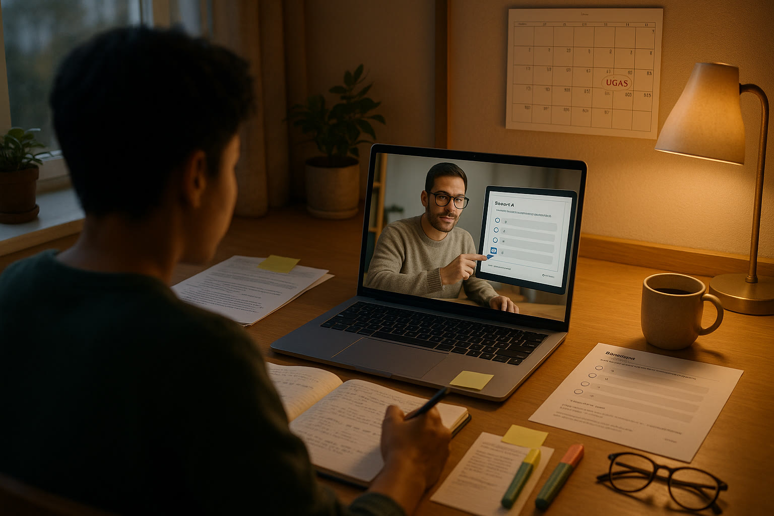 Photo Idea : A cozy scene of a student and tutor online, with the tutor pointing at a digital mock test on screen; visible notes, a calendar with UCAS dates marked.