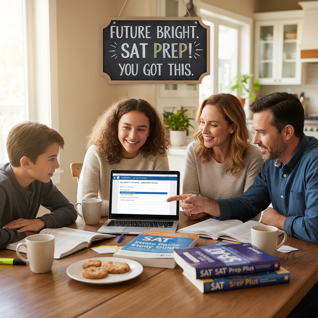 Photo Idea : A family review session at a kitchen table with a laptop open to a college application portal and SAT prep books scattered around—warm light, relaxed but focused atmosphere.