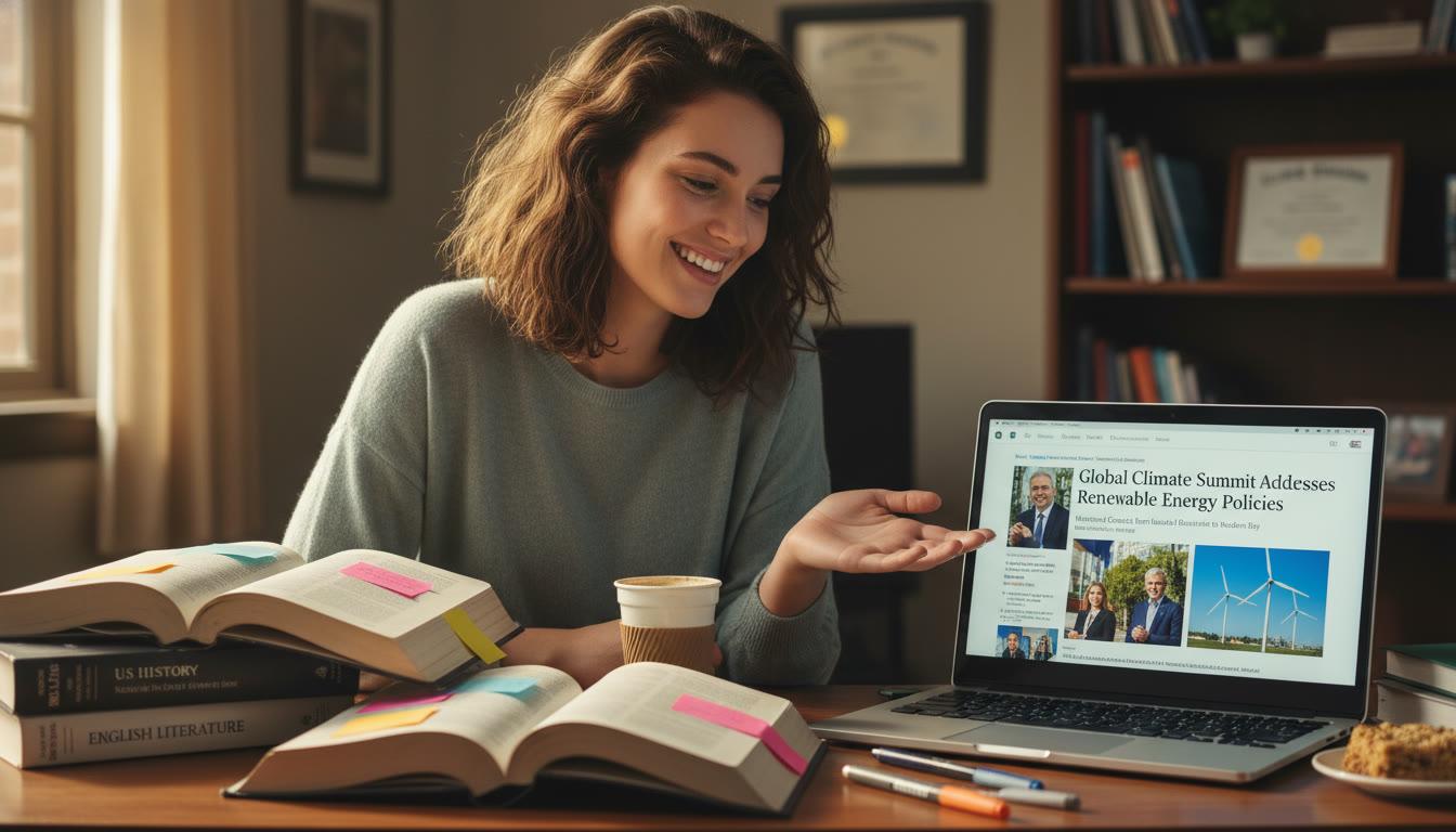 Photo Idea : A student at a desk with open AP textbooks and sticky notes, juxtaposed against a laptop showing a contemporary news article—visualizing the bridge between past and present.