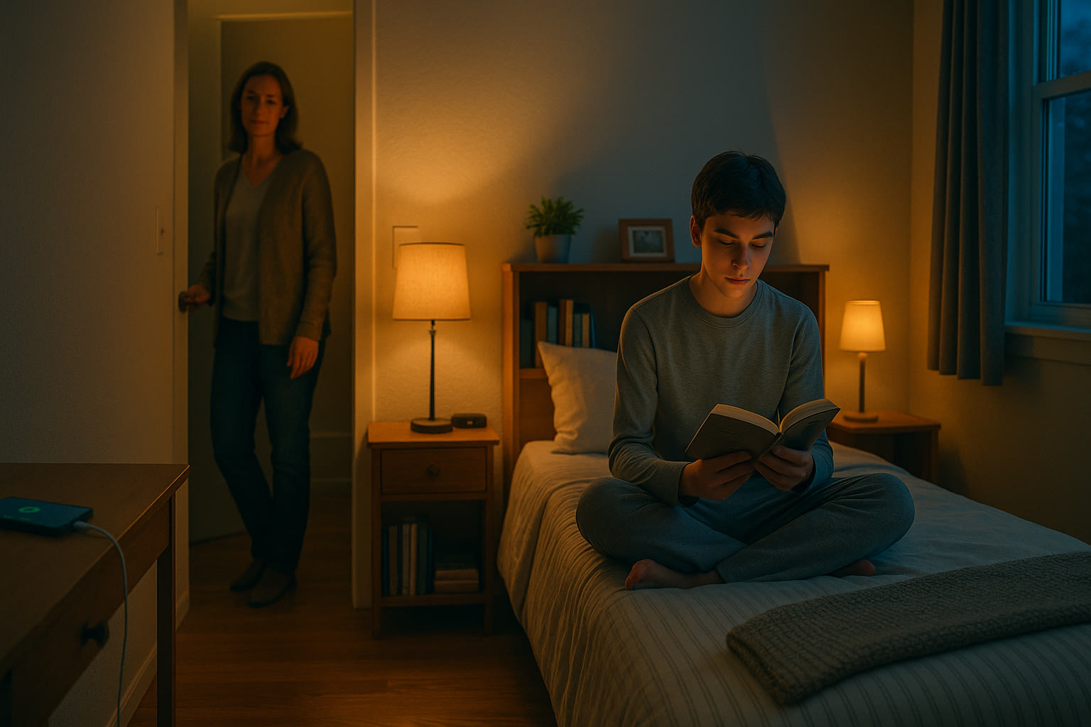 Photo Idea : A calm bedroom scene at dusk—soft lighting, phone charging across the room, a teen reading a paperback while sitting on the bed, and a parent quietly closing the door. Capture warmth and order rather than clinical sterility.