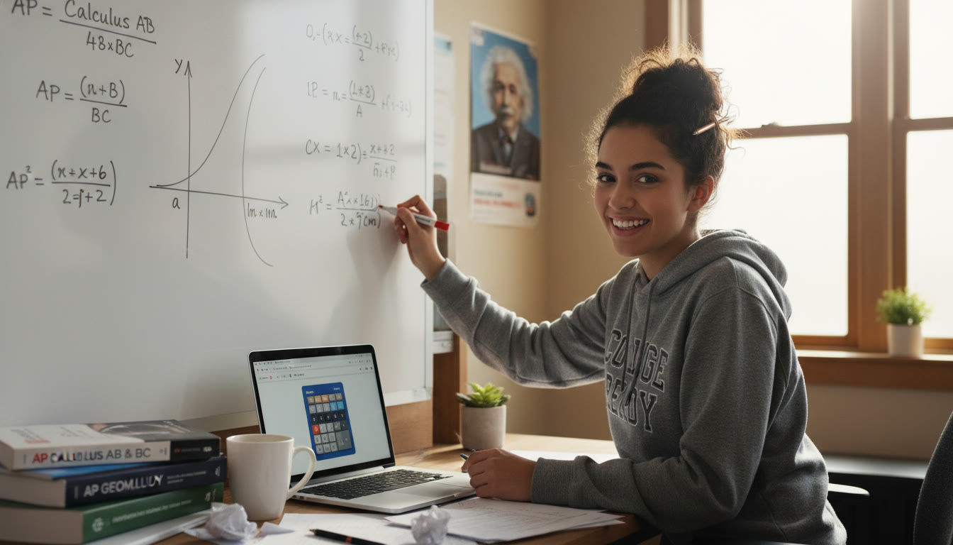 Photo Idea : A candid shot of a high school student solving calculus on a whiteboard, with textbooks and a laptop nearby—captures focus, ambition, and the intellectual work linked to AP success. Place in the top 30% of the article to set tone.