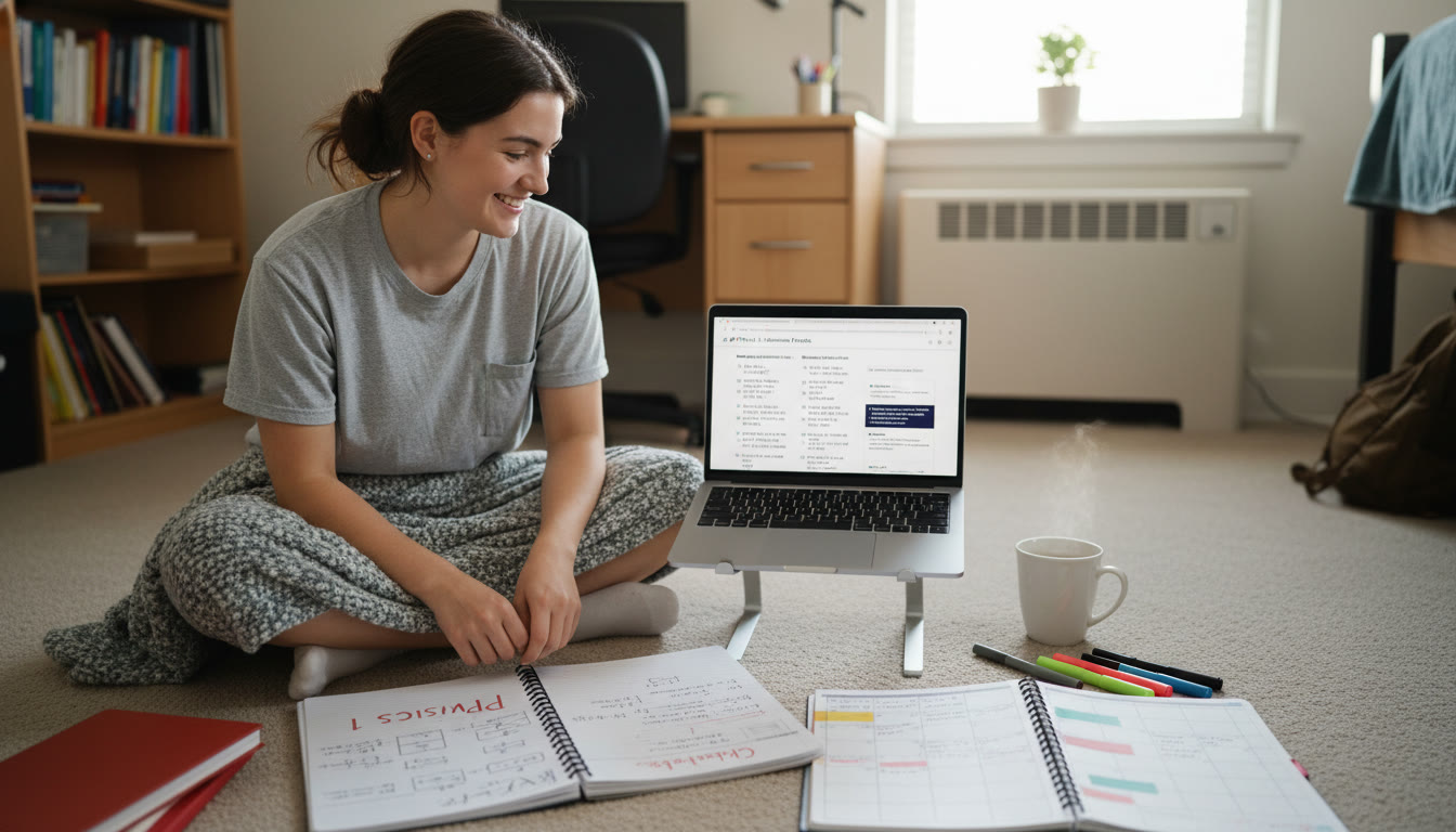 Photo Idea : A calm study scene showing a student with notebooks labeled 