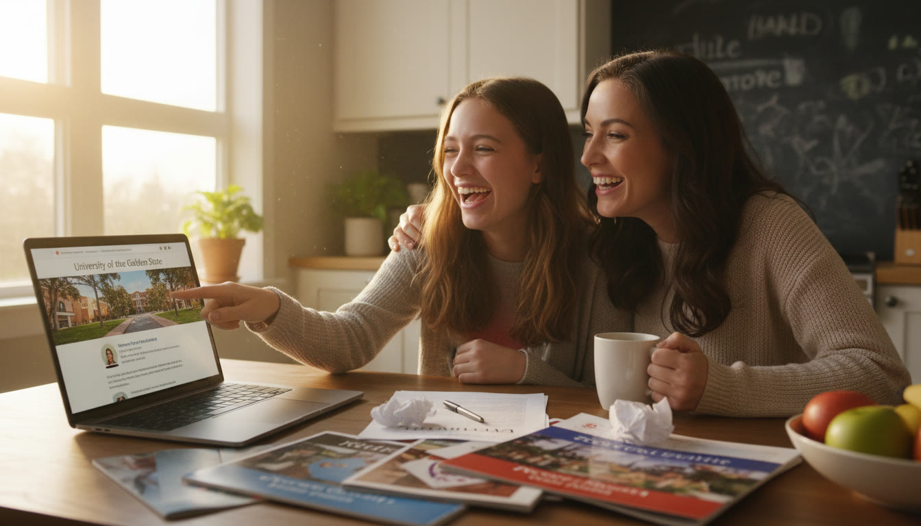 Photo Idea : A bright, candid shot of a student and parent at a kitchen table, surrounded by college brochures and a laptop open to a college profile page—natural light, warm tones. This sits near the top so readers feel invited into the planning conversation.