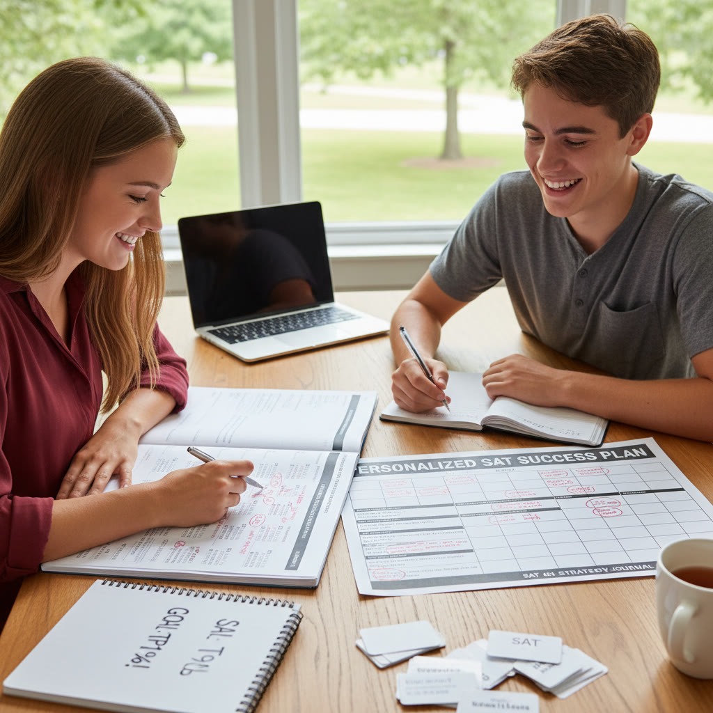 Coach or tutor reviewing a student's marked practice test with notes and a study plan laid out — shows interaction and personalization.