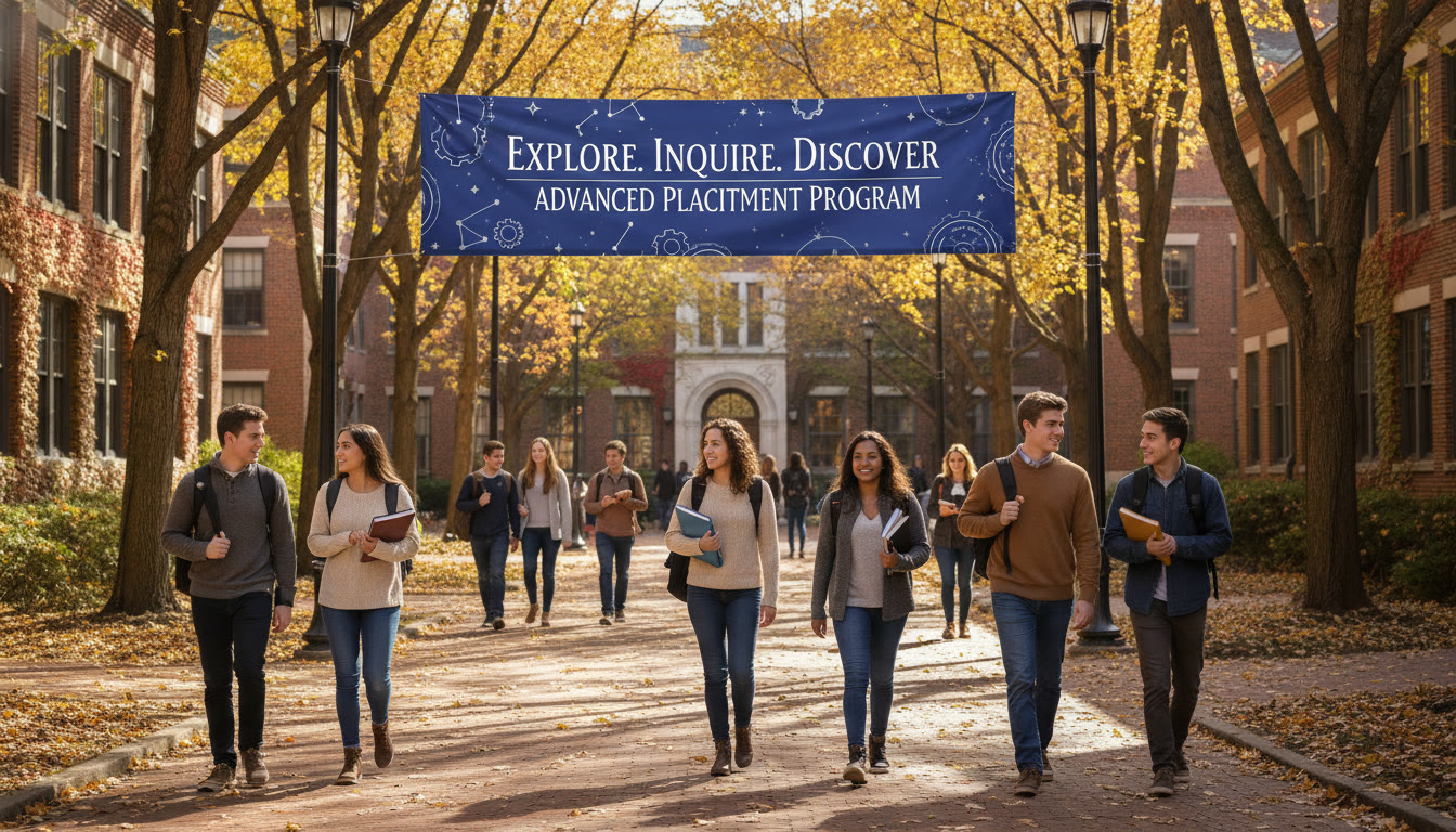 Photo Idea : A welcoming campus shot of a mid-sized university quad in autumn—students walking between buildings, backpacks, and a banner that evokes intellectual curiosity.