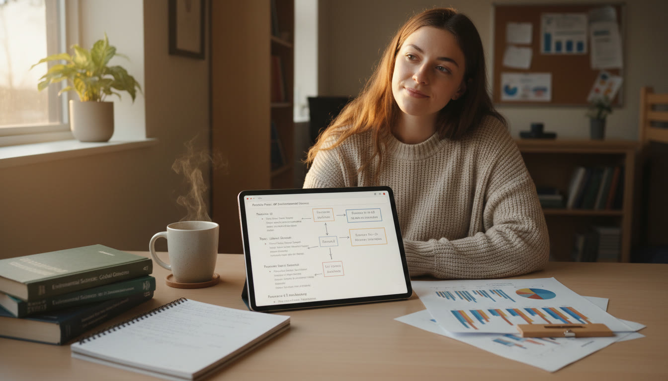 Photo Idea : A neat workspace with a tablet showing a research outline, printed graphs, and a cup of coffee — reflects focused, late-afternoon work on a portfolio piece and a sense of calm productivity.