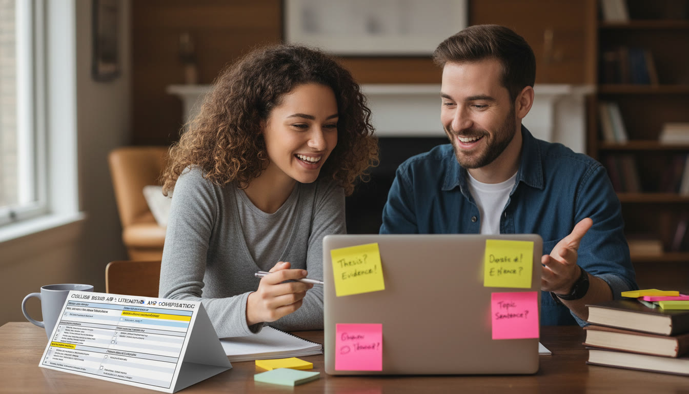 Photo Idea : A student and tutor in a cozy study session, laptop open, essay draft on screen, sticky notes and a rubric visible—conveys personal tutoring and focused revision.