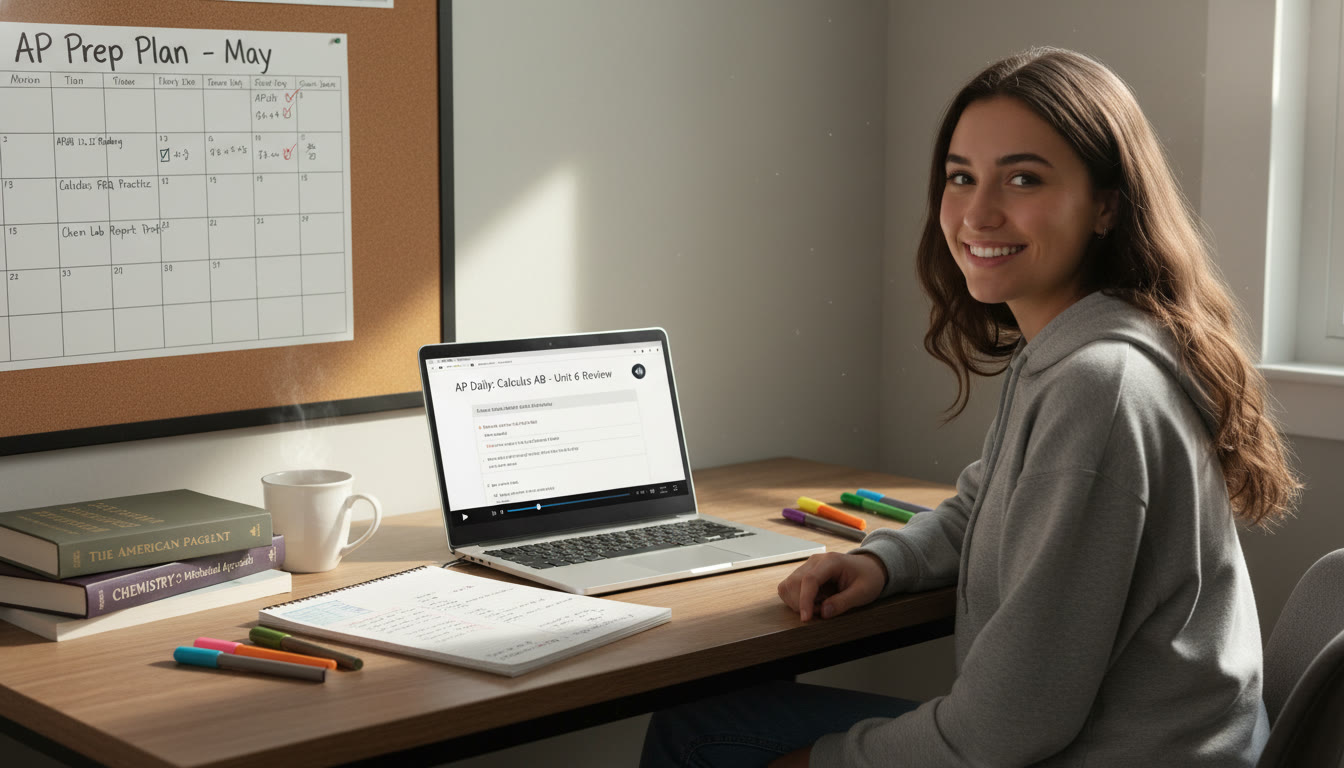 Photo Idea : A calm study scene showing a student at a desk with an open laptop streaming an AP Daily video, notes spread out, and a calendar with a planning checklist. The photo should convey focused, organized preparation and a helpful learning environment.