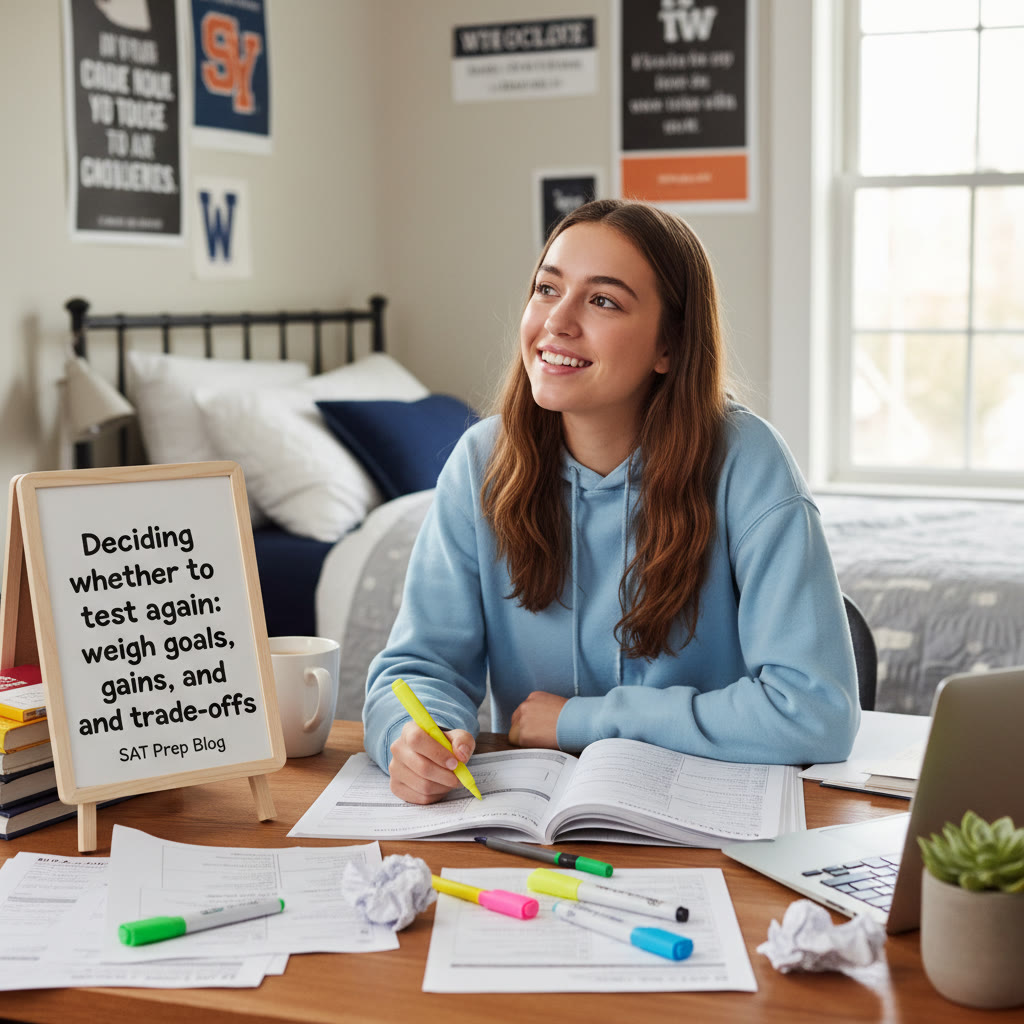Photo suggestion: A focused student at a desk with practice tests and highlighters, looking thoughtful—caption: 