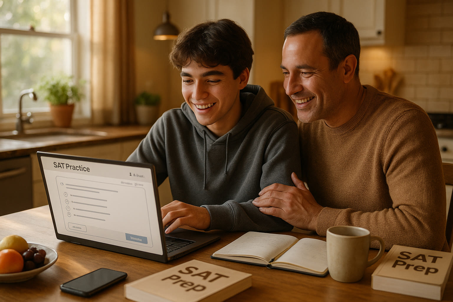 Photo Idea : A cozy kitchen table scene with a high school student showing a parent an SAT practice app on a laptop, both smiling and leaning in together.