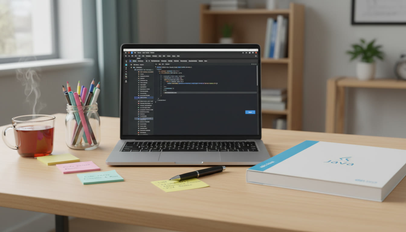 Photo Idea : A tidy desk with a printed project submission packet beside a laptop showing a clean Java IDE window. Include sticky notes with bullet-pointed testing logs and a pen to evoke final preparation and calm confidence.