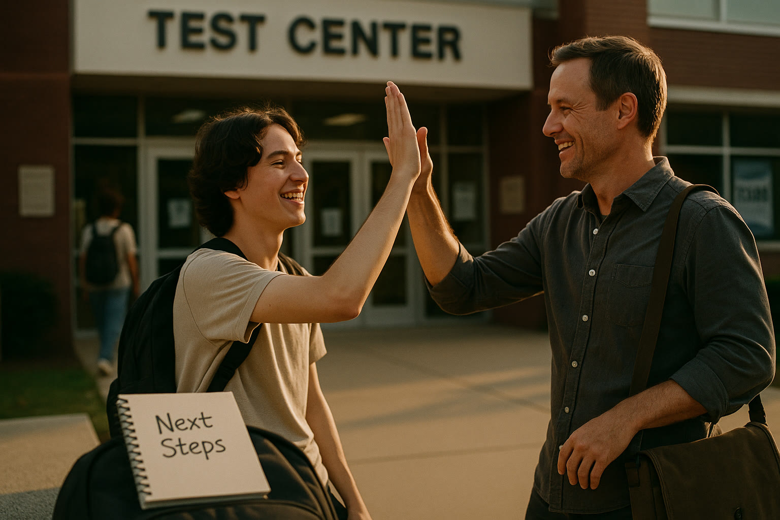 Photo Idea : A quiet celebratory moment after test day — a student and parent high-fiving outside a school or test center, a small notebook labeled 