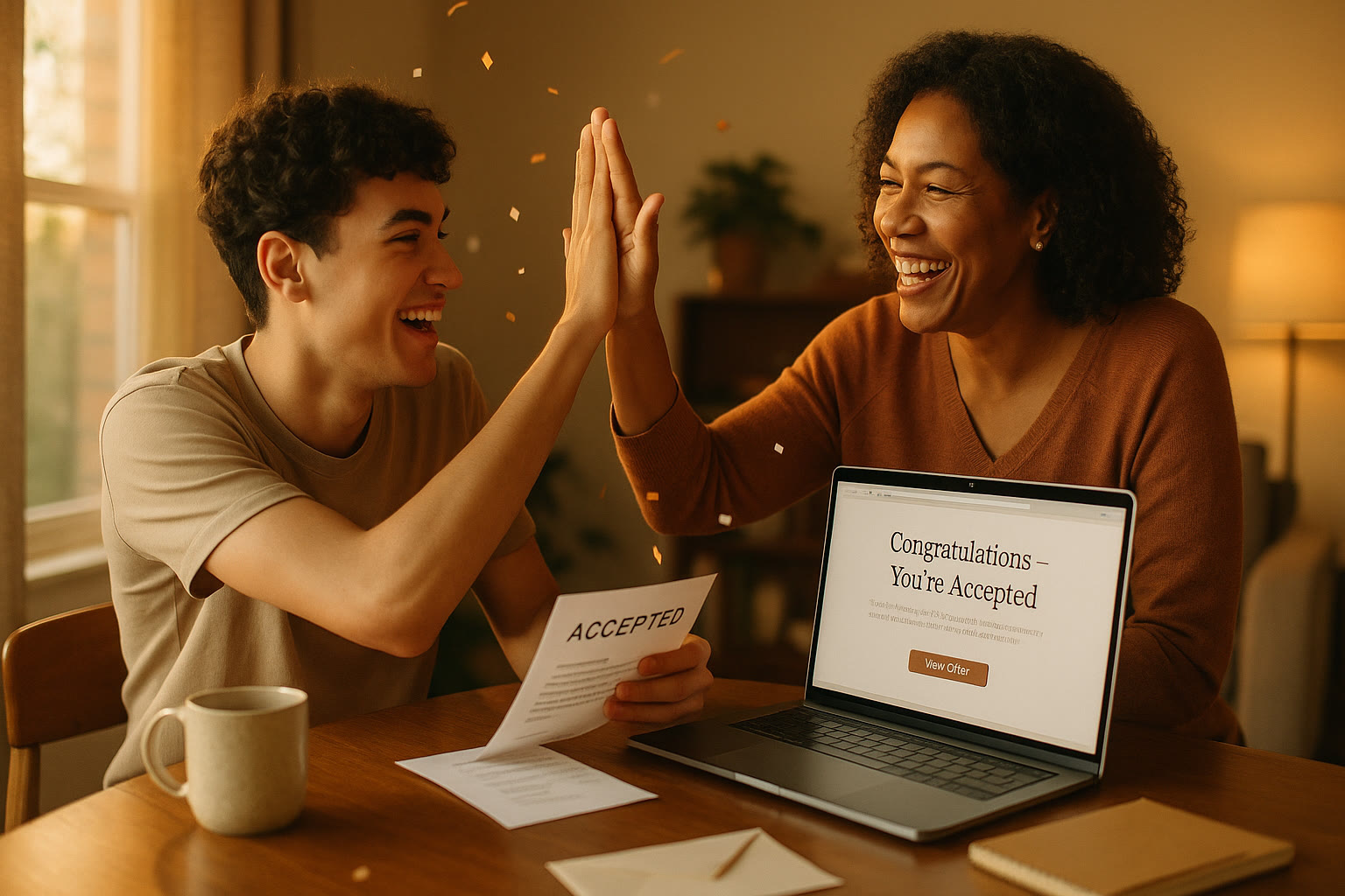 Photo Idea : A celebratory scene of a student opening an acceptance email while a parent gives a high-five; a laptop shows a college acceptance page in the background—warm, optimistic moment near the article's end.