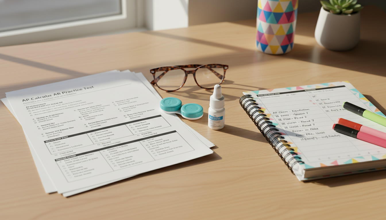 Photo Idea : A compact study kit laid out on a desk: glasses, contact case, rewetting drops, a printed AP practice test, and a planner open to a study schedule—visualizing organization and eye care together.