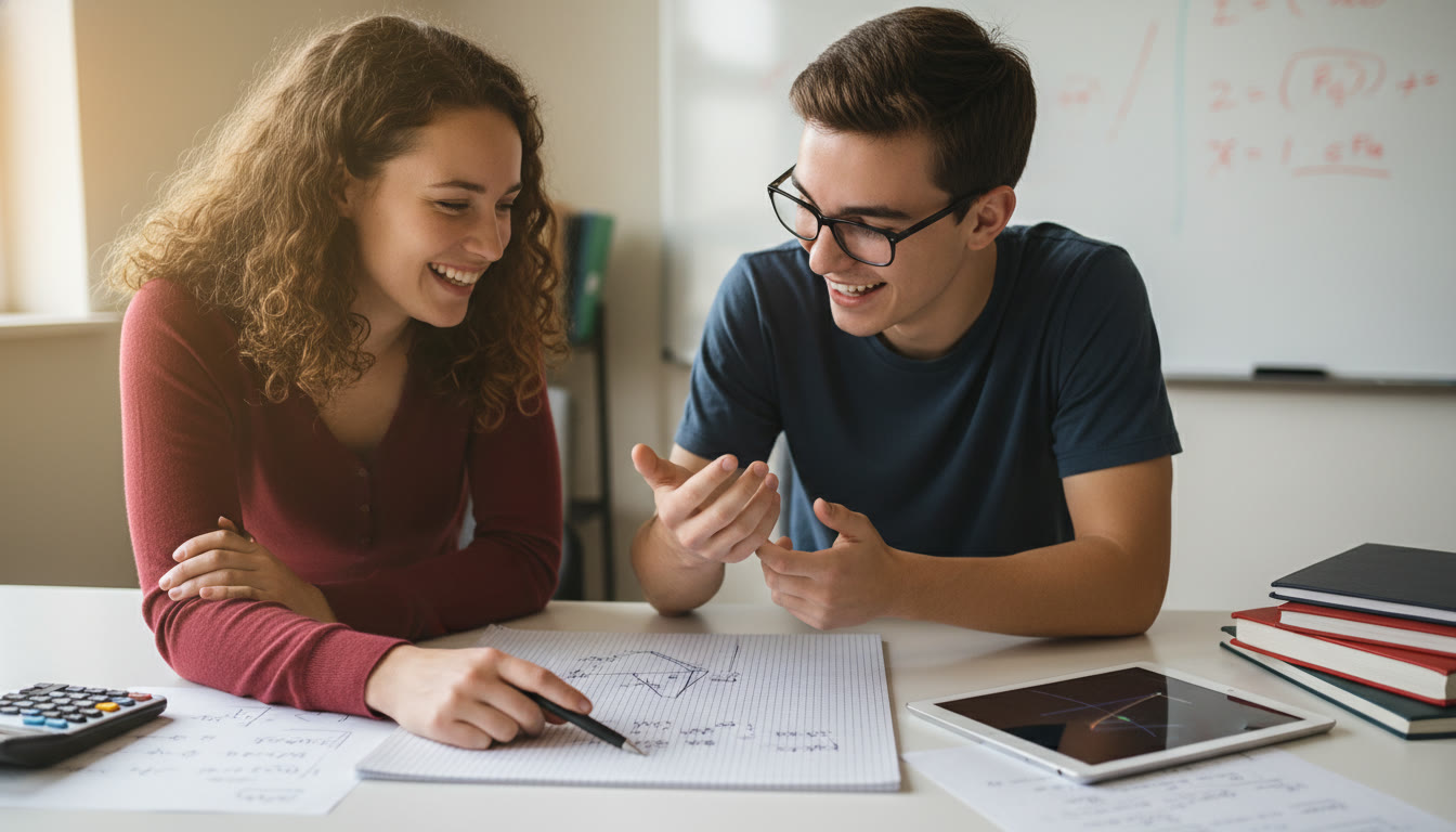 Photo Idea : A tutor and student reviewing a solved AP Physics problem on paper while a graphing calculator and a tablet sit nearby — conveying coaching, feedback, and the human element.