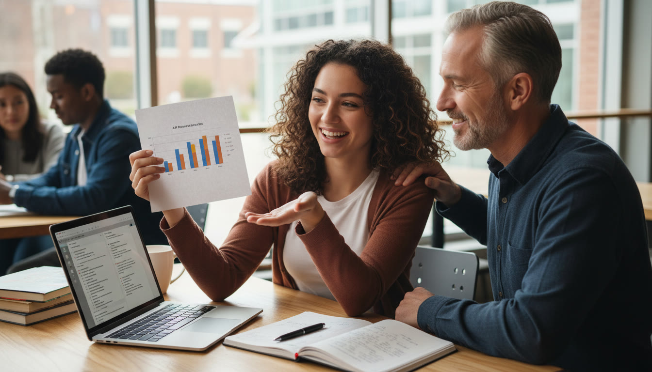 Photo Idea : A student presenting a one-page portfolio to a parent or mentor with a printed chart and a laptop open to a notebook—conveys presentation and real-world translation of AP work.