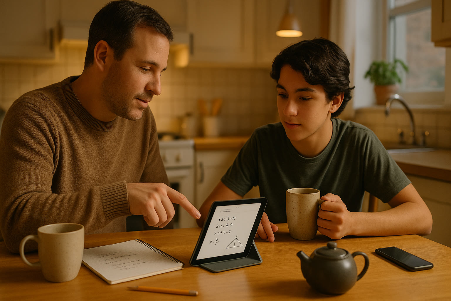 Photo Idea : A cozy kitchen scene with a student and parent sitting over a mug of tea, reviewing practice problems together on a tablet — relaxed body language, warm lighting, and a notebook with simple study notes visible.