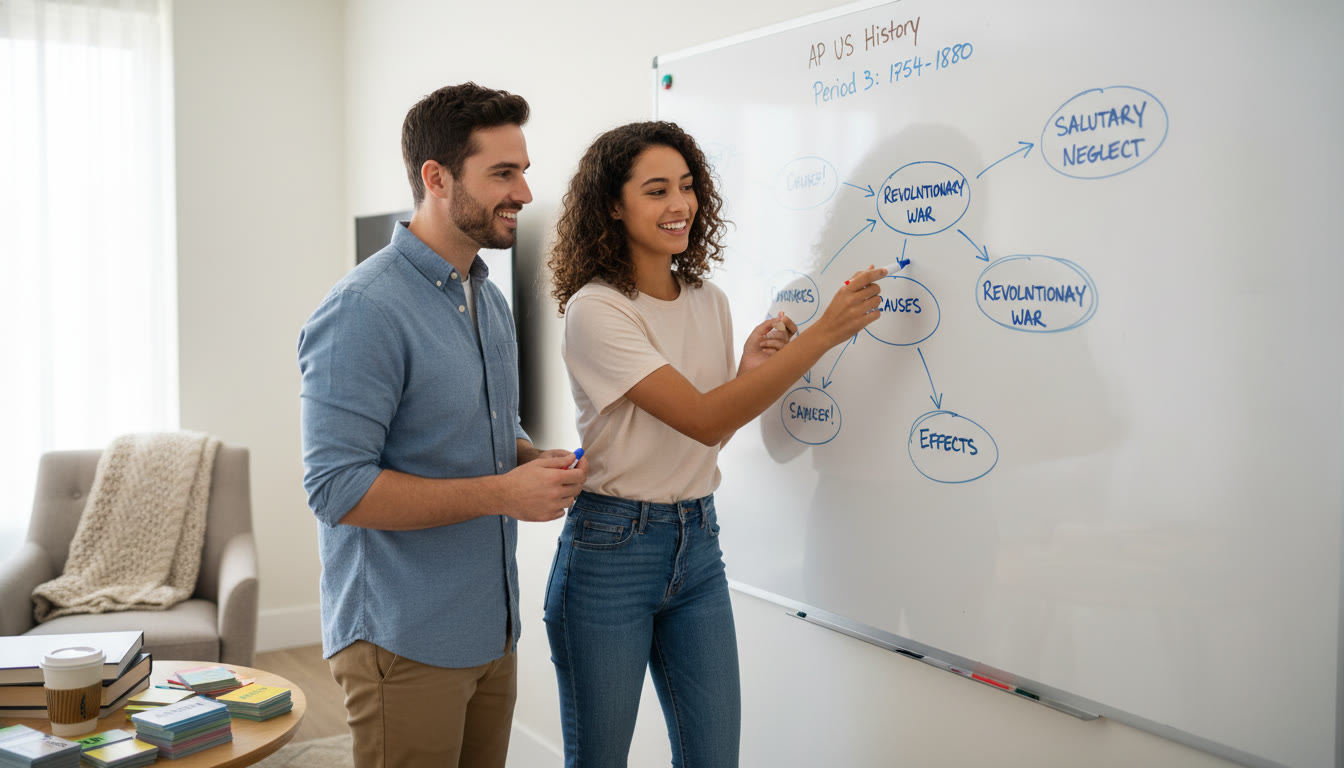 Photo Idea : A student and a tutor (Sparkl-style session) at a whiteboard, mapping concepts while a stack of flashcards lies nearby—visualizing the partnership between memorization and understanding.
