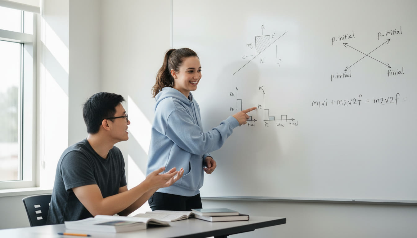 Photo Idea : A whiteboard with a neatly drawn free-body diagram, energy bar charts, and momentum arrows. A hand is pointing to the conservation step, showing a tutor explaining concepts.