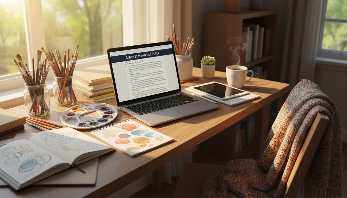 Photo Idea : A warm, sunlit workspace with sketchbooks, paintbrushes, and a laptop showing an open document titled 
