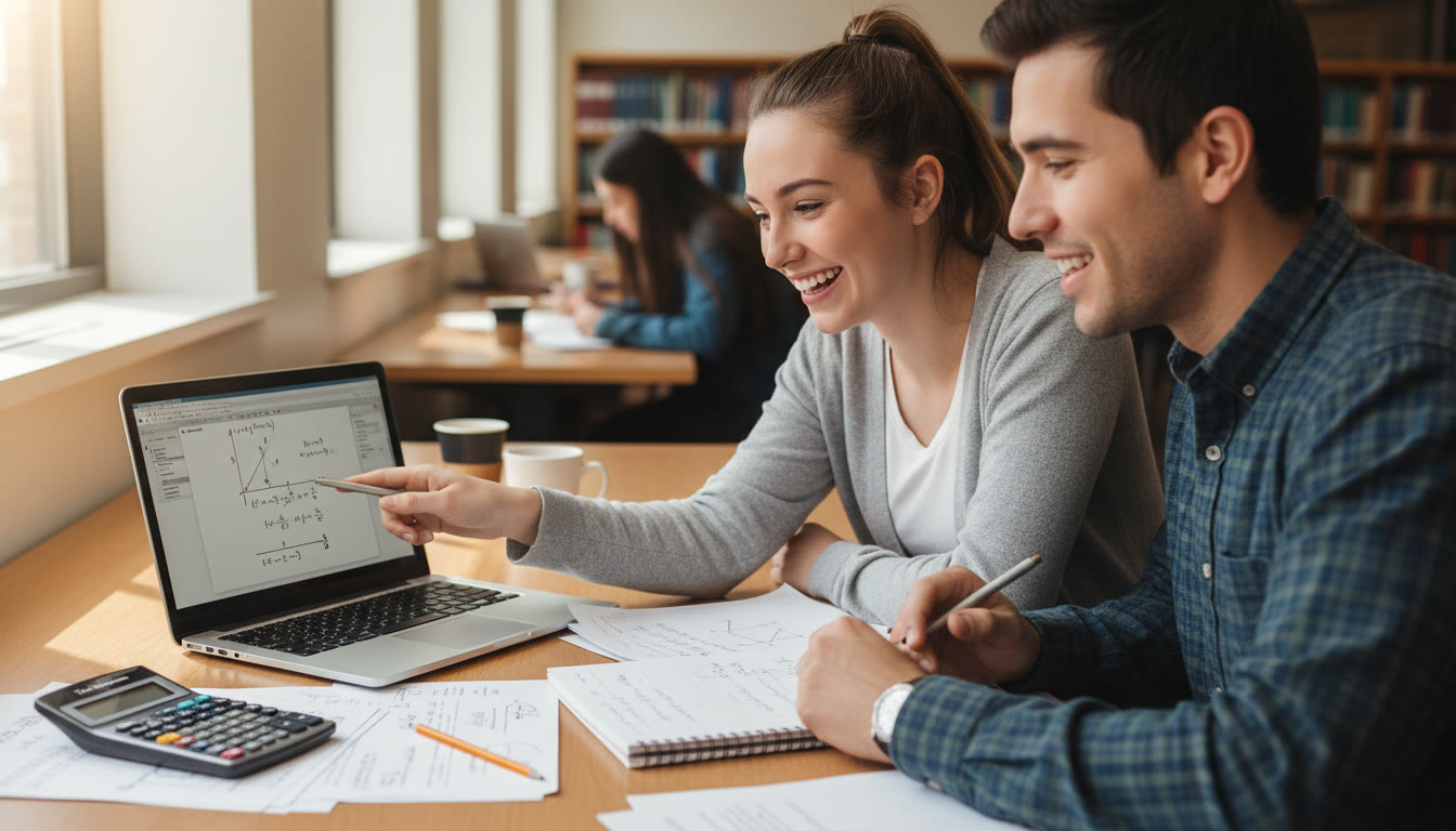 Photo Idea : Close-up of a student and a tutor at a laptop working through calculus problems, with notes and graphing calculator visible — shows the one-on-one teaching dynamic.