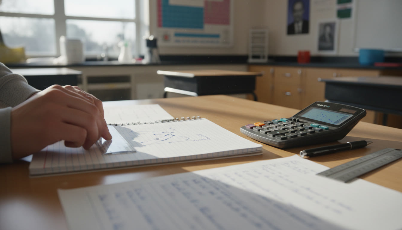 Photo Idea : A clean, student-written lab table and graph on notebook paper with a scientific calculator and ruler beside it — natural classroom lighting, hands in the frame to suggest active measurement.