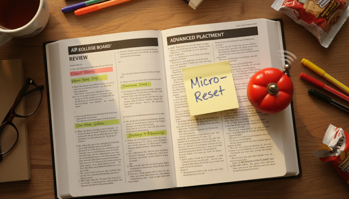 Photo Idea : A study spread showing an open AP prep book, a sticky note titled 