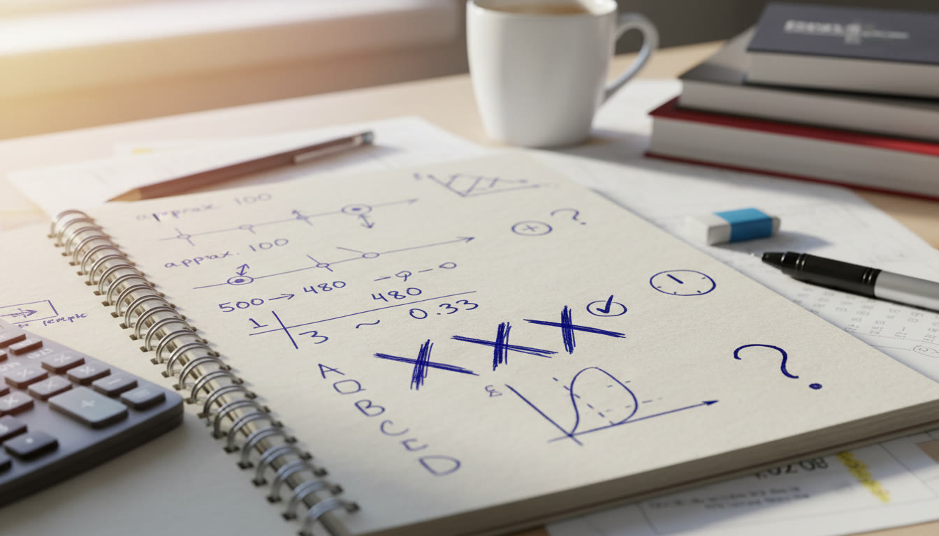 Photo Idea : Close-up of handwritten notes on a desk showing quick sketches of number-line estimates, rounded values, and scribbled elimination marks—suggests active study and mind-in-action. Place in the practice routines section where study habits are discussed.