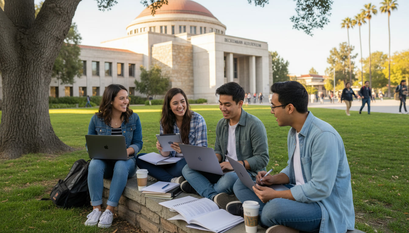 Photo Idea : A bright, candid campus scene showing a small group of students in front of Caltech's iconic architecture, laptops and notebooks open—captures focused collaboration and the vibe of an active research community.