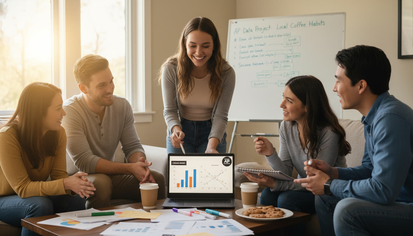 Photo Idea : A celebratory scene of a student presenting a small data project to family or a high school club with charts on a laptop and handwritten notes—captures the payoff of AP learning applied to real work.