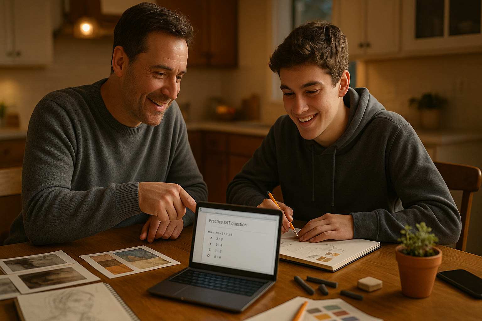 Photo Idea : A parent and teen sitting at a kitchen table surrounded by sketchbooks, a laptop showing a practice SAT question, and portfolio prints — warm, collaborative scene.