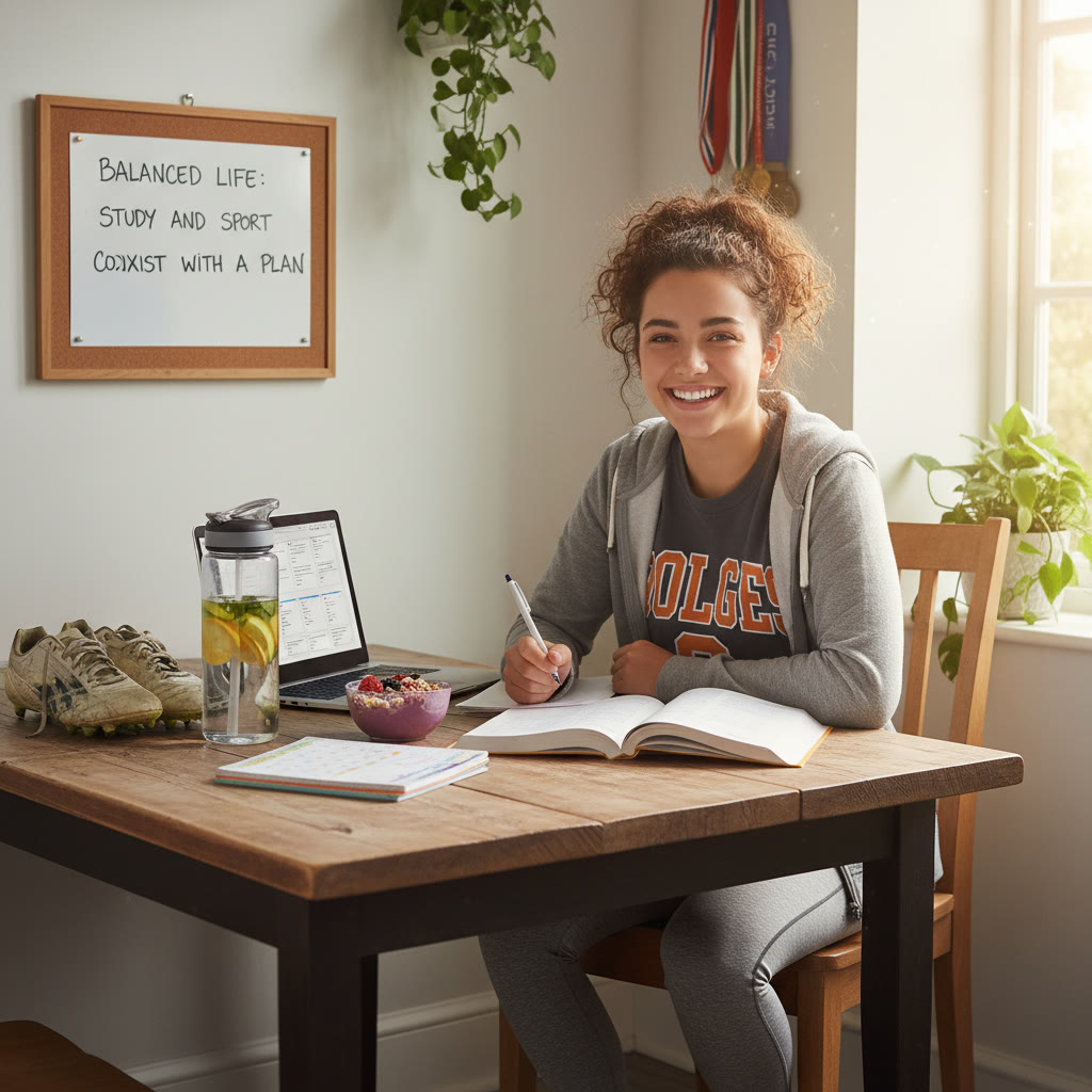 Student-athlete studying at a kitchen table with a water bottle and cleats nearby—caption: