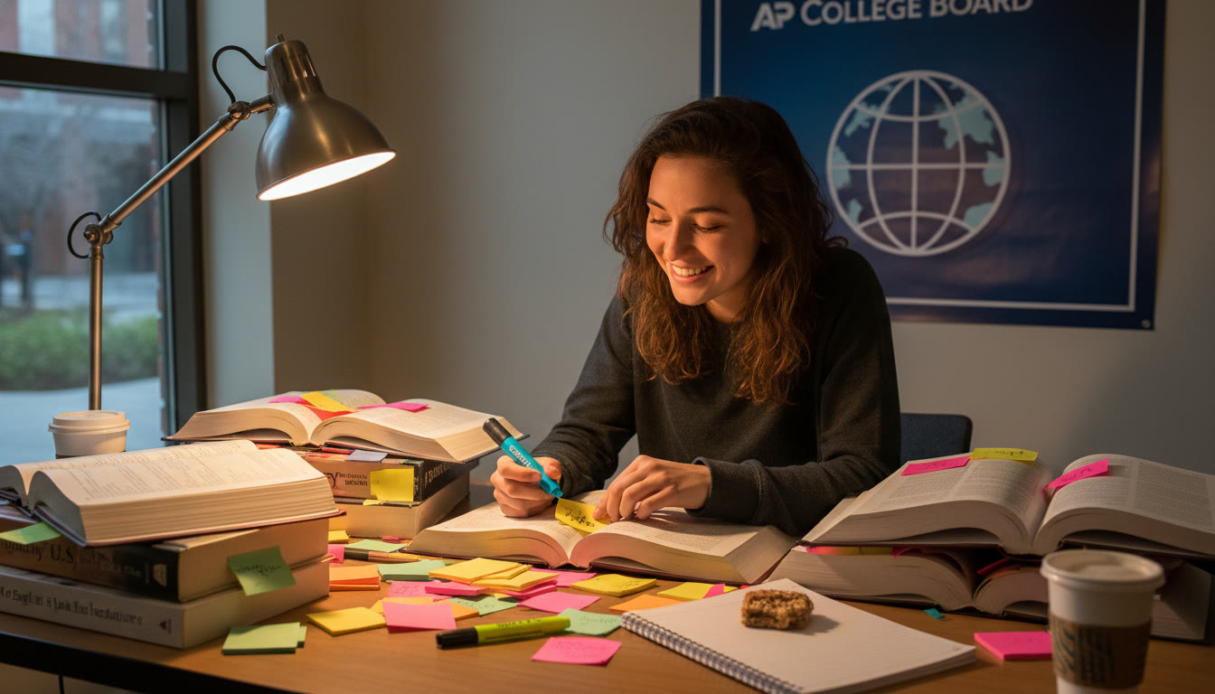 Photo Idea : A student at a desk with open books and colored sticky notes, under a lamp, mid-annotation — captures the active selection of evidence while studying for AP exams.