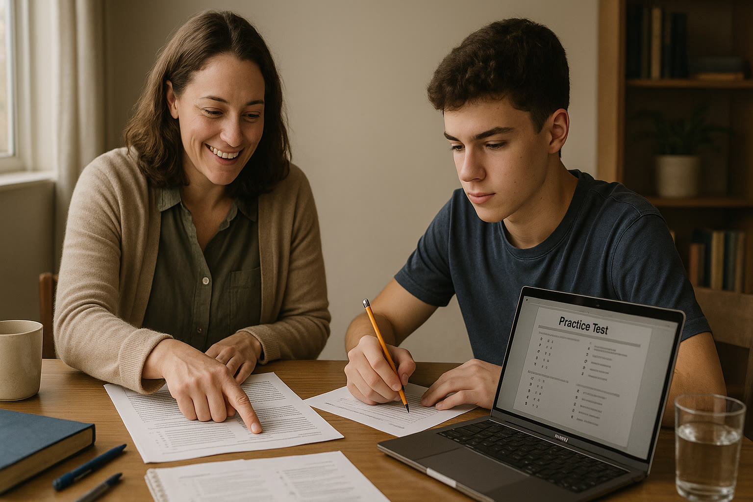 Photo Idea : A smiling tutor working one-on-one with a student at a small table, practice tests and a laptop open — visualizing focused, calm prep.