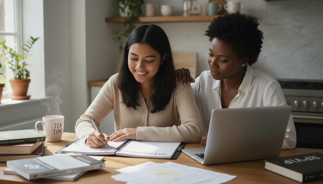 Photo Idea : A bright, natural photo of a student and parent reviewing a high school planner together at a kitchen table — papers, a laptop, and a cup of tea nearby. The mood is calm and collaborative.