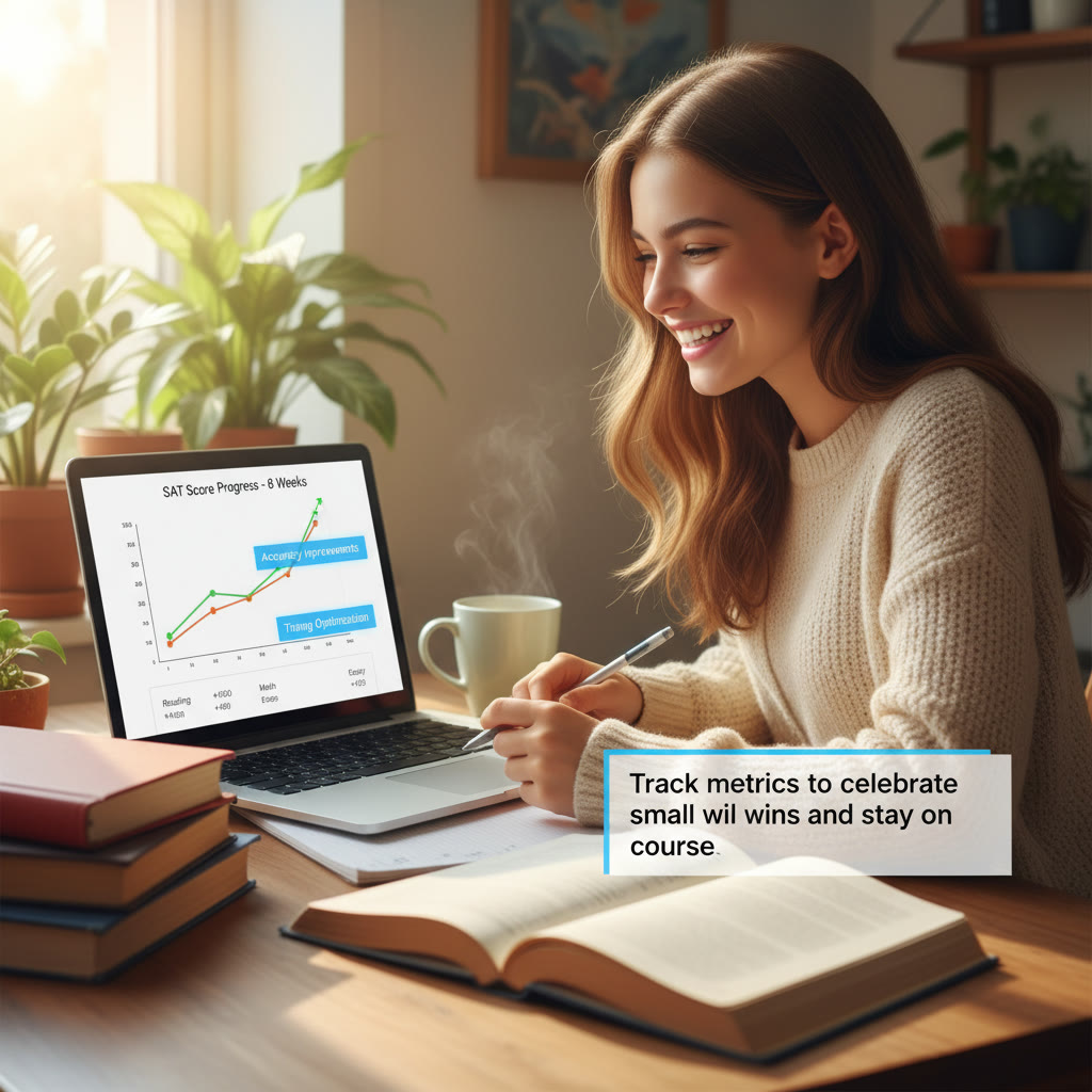 Progress chart on a laptop screen showing a rising score trend over eight weeks, with highlighted areas for 
