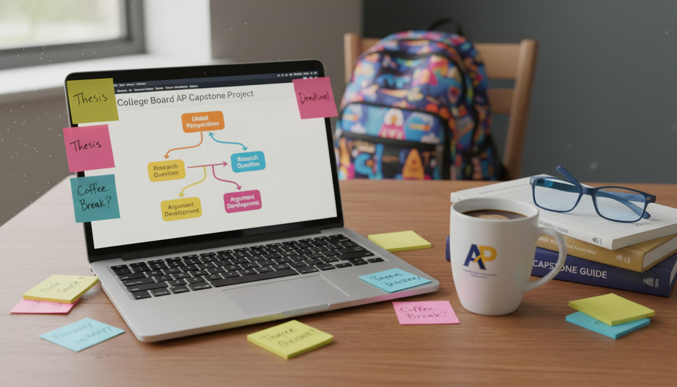 Photo Idea : A close-up of a student’s desk with a laptop displaying a research diagram, sticky notes, and a cup of coffee—evokes focused capstone work.