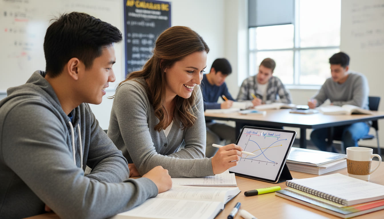 Photo Idea : A close-up of a tutor explaining a graph on a tablet to a student, with notes marked