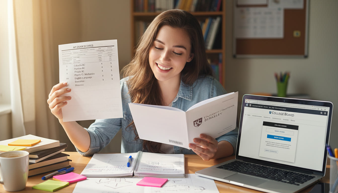 Photo Idea : Close-up of a student reviewing an AP score report and a university application packet at a desk with a laptop and notes—captures the logistics of sending scores and planning next steps.